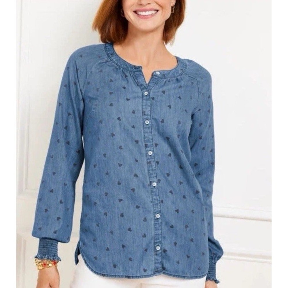 Talbots Chambray Blouse Heart Print Womens Relaxed‎ Beachy 3Xp Button Front